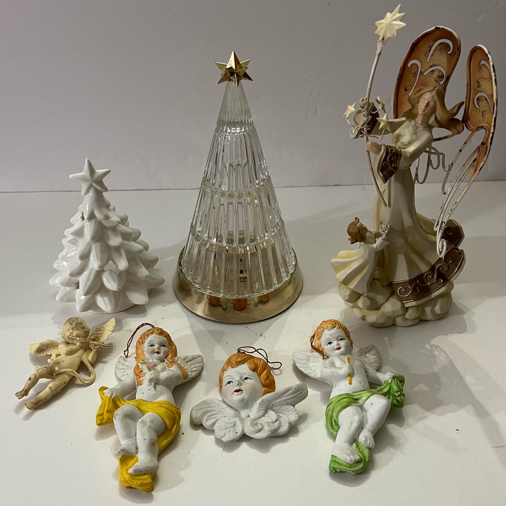 Vintage Elegant Holiday Angels, Cherubs And Christmas Tree